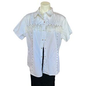 Panhandleslim Shirt Women's M White Western With Fringe & Studs Cowgirl Chic